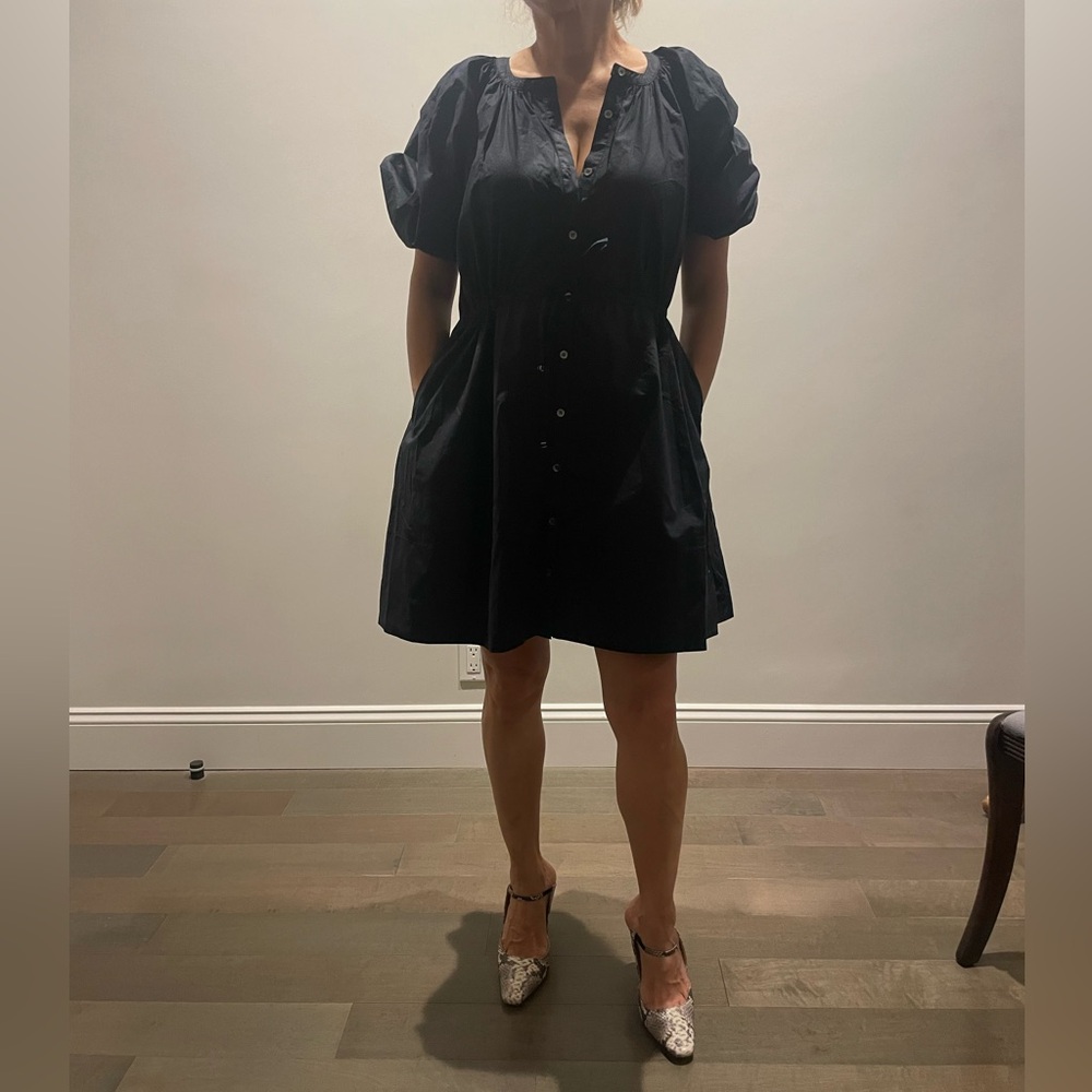 STAUD Black Puff-Sleeve Button-Front Mini Dress